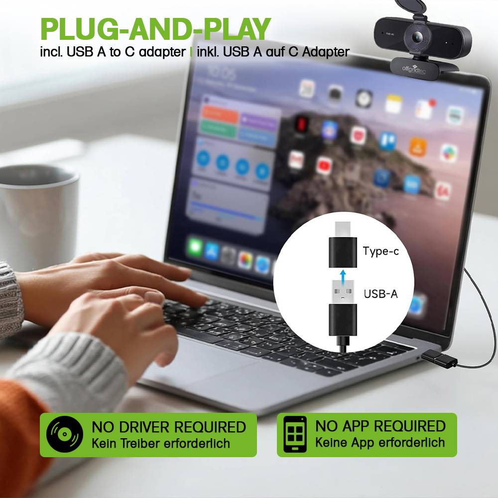 UHD Webcam 4K mit Mikrofon, Autofokus & Privacy-Shutter, USB-A USB-C PC Laptop