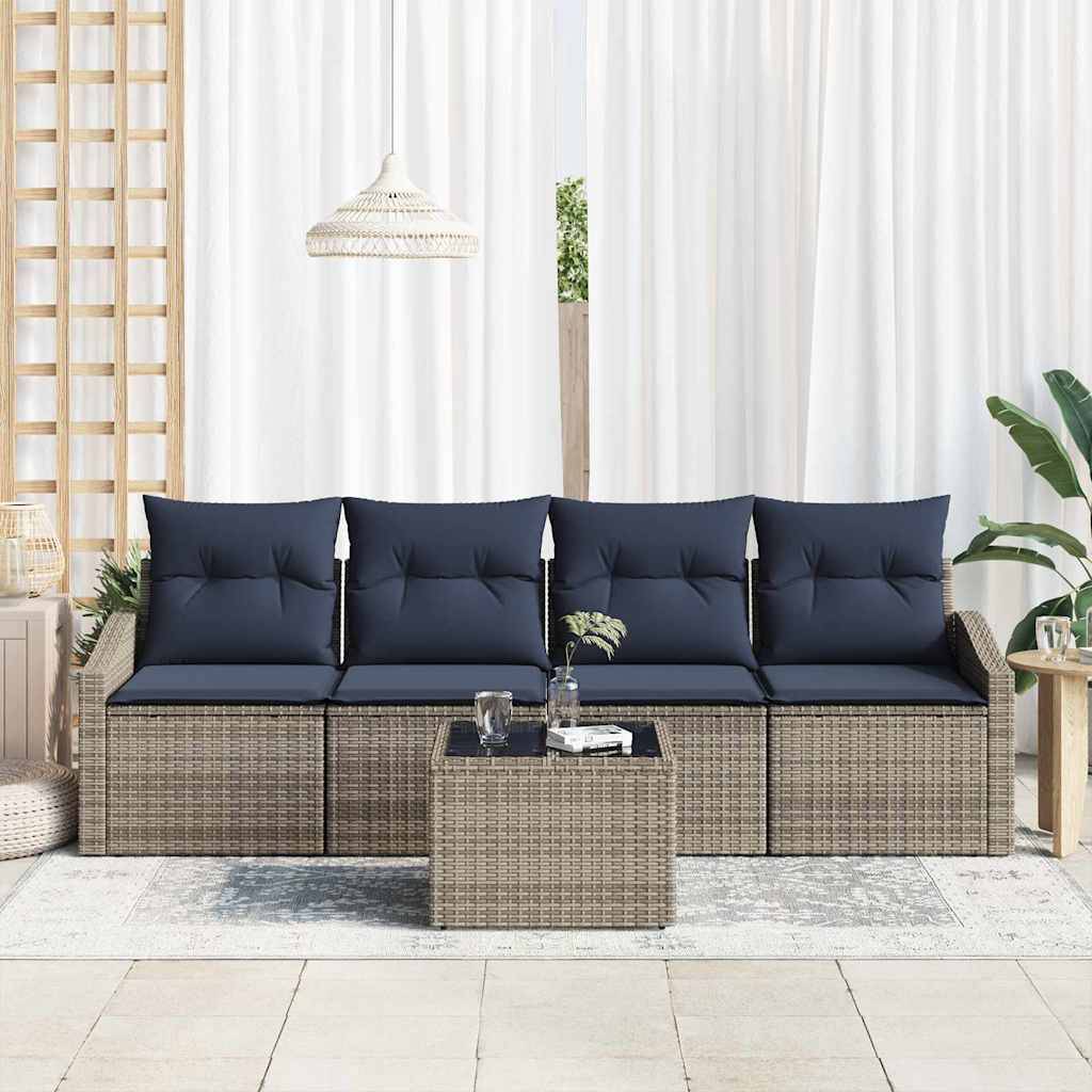 vidaXL Sofa Set mit Kissen 5 pcs Grau und Marineblau Poly-Rattan