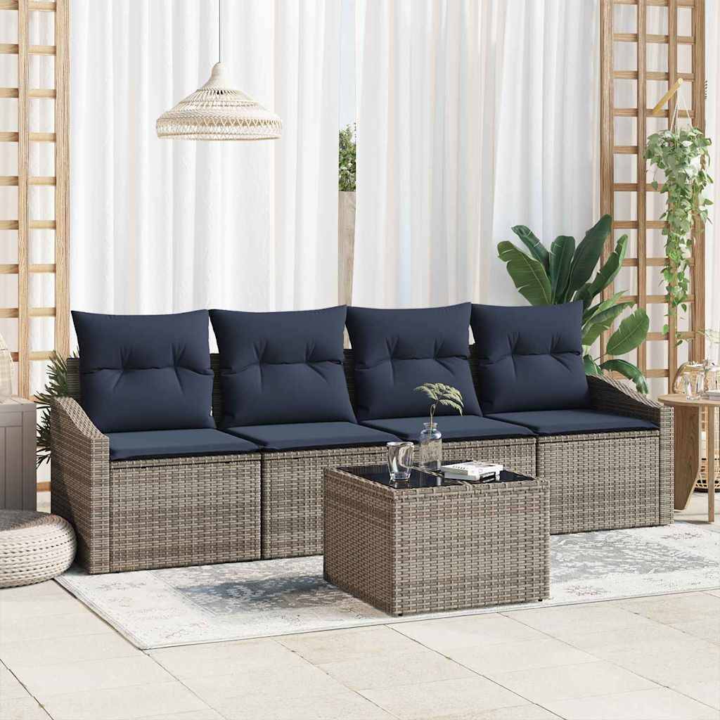 vidaXL Sofa Set mit Kissen 5 pcs Grau und Marineblau Poly-Rattan