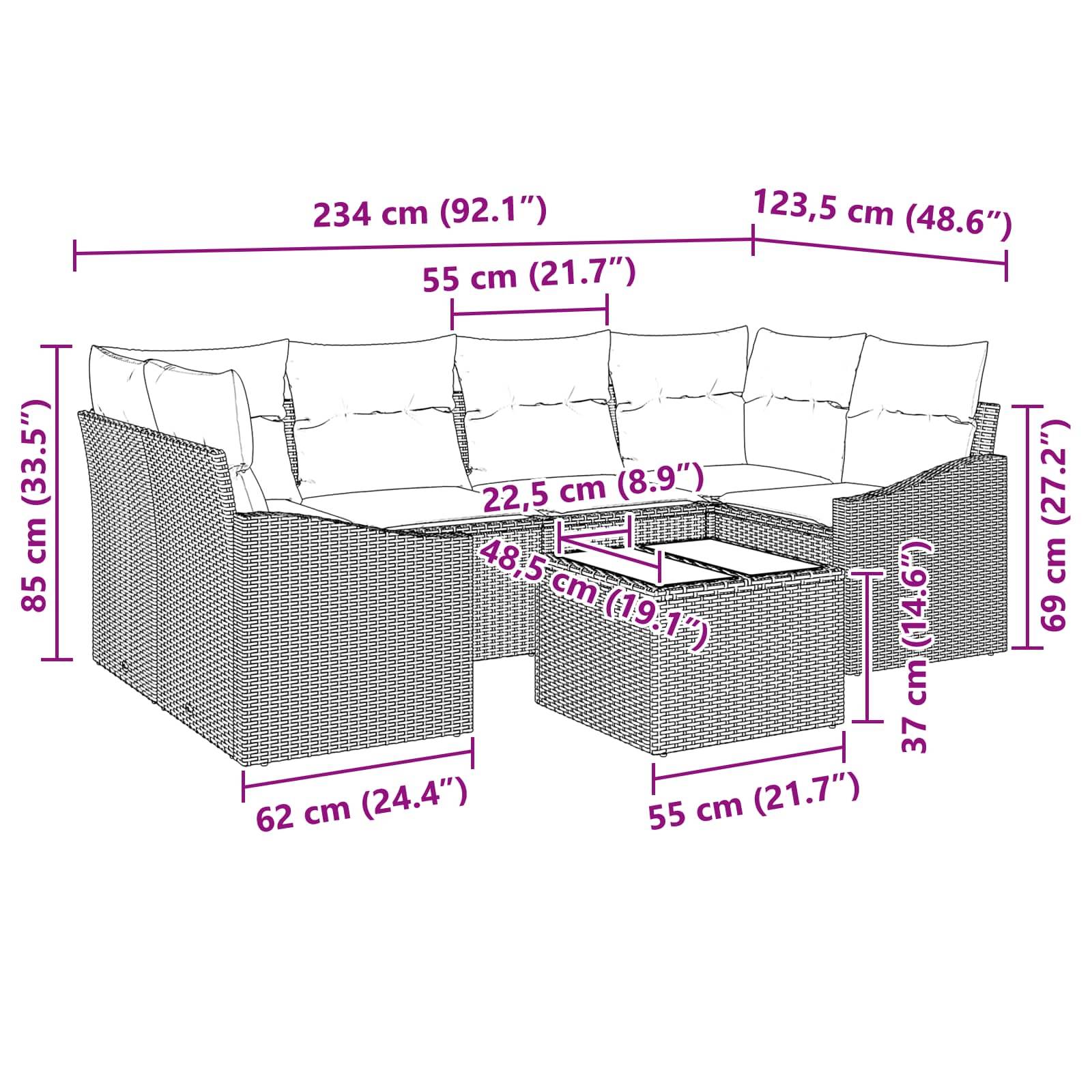 vidaXL Sofa Set 7 stk. 3-Sitzanzahl Braun und Rot Poly Rattan