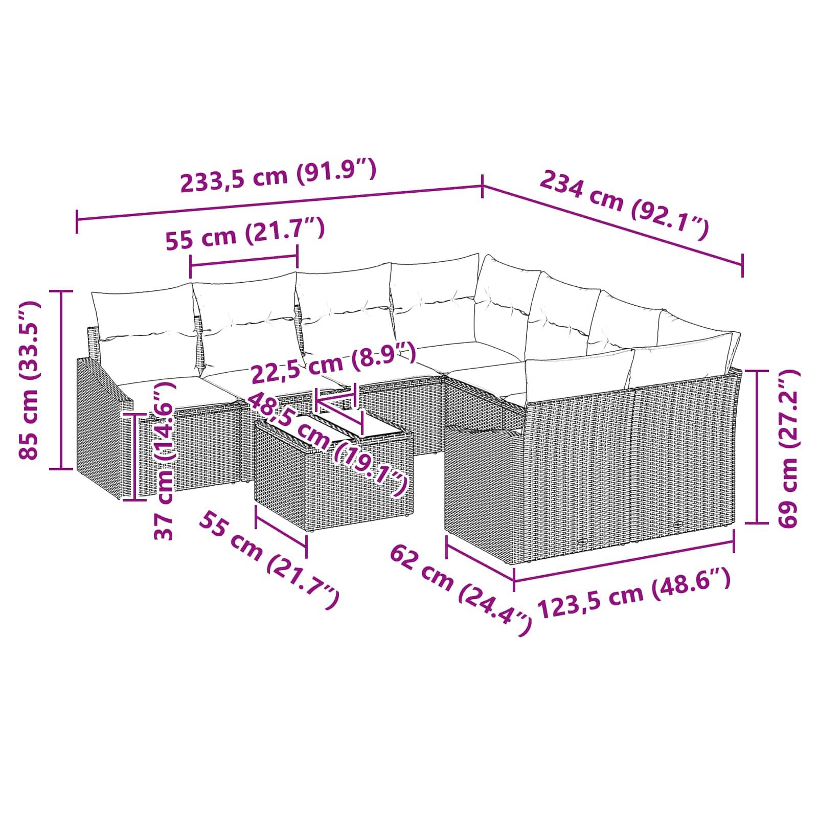 vidaXL Sofa Set 9 stk. 3-Sitzanzahl Braun und Rot Poly Rattan