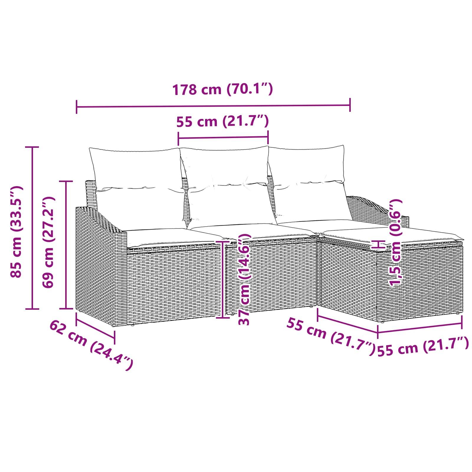 vidaXL Sofa Set mit Kissen 4 pcs Schwarz Poly-Rattan