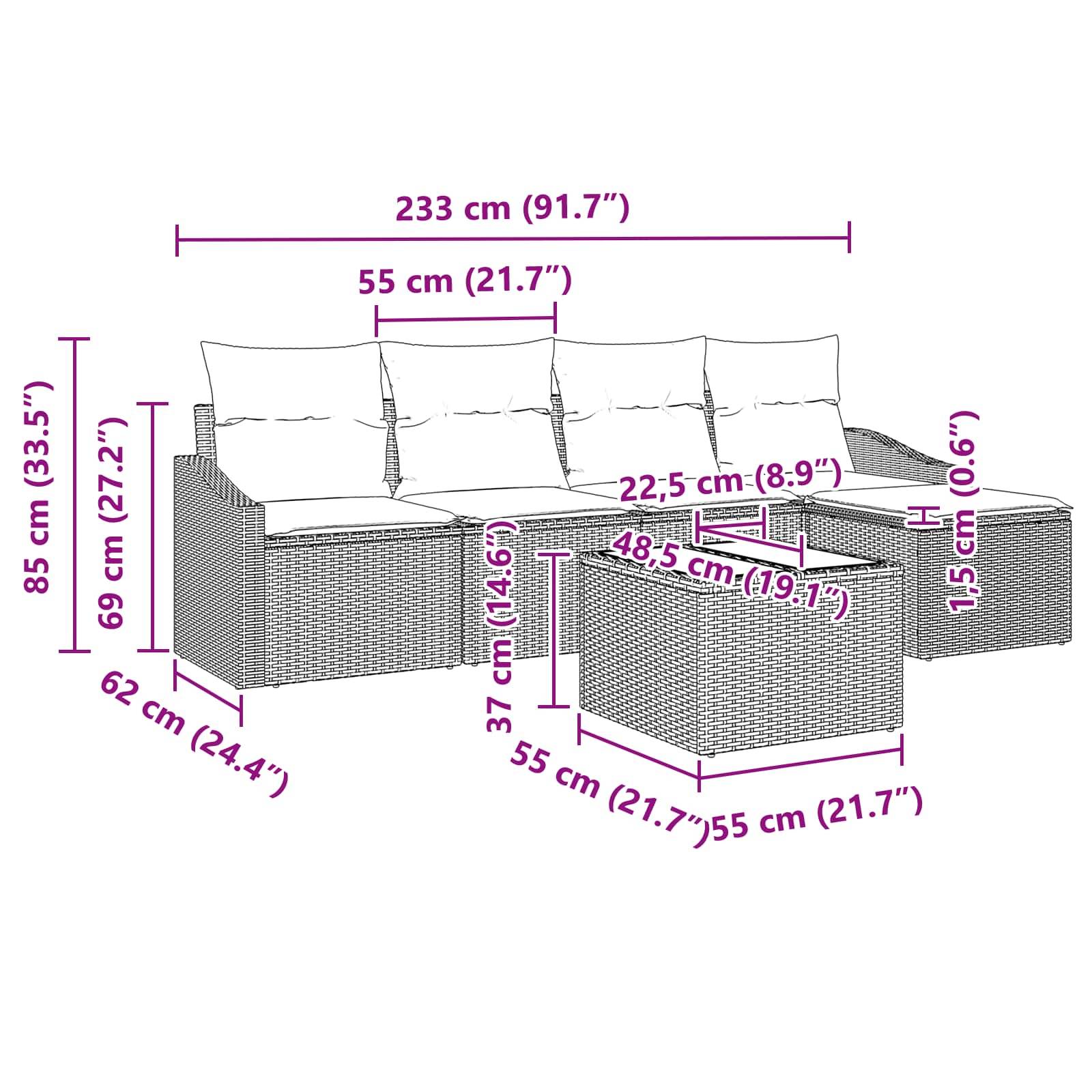 vidaXL Sofa Set mit Kissen 6 pcs Schwarz Poly-Rattan