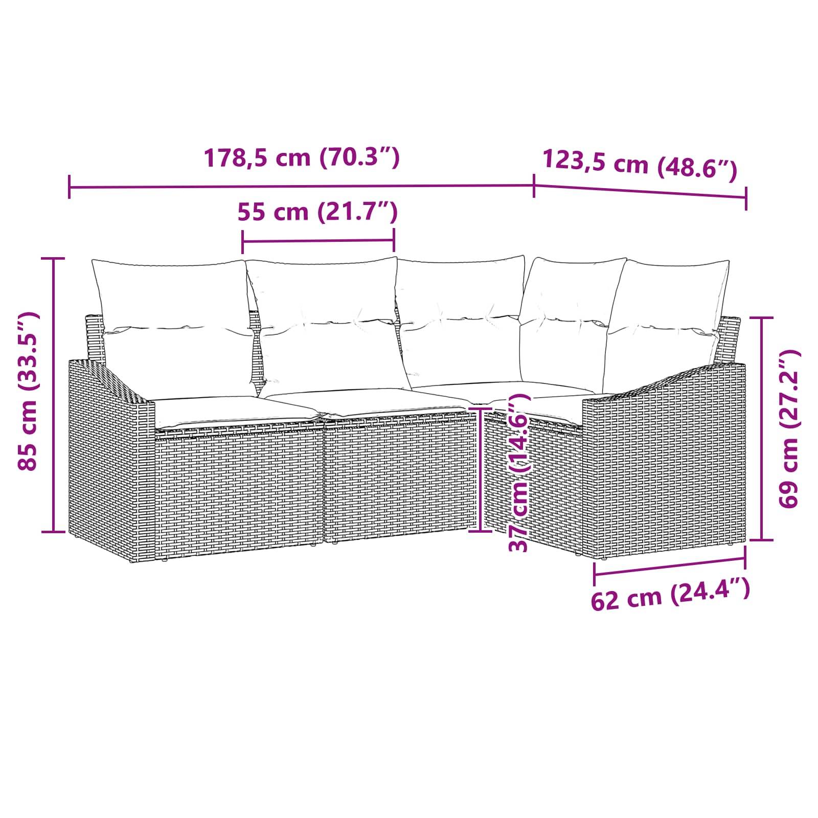 vidaXL Sofa Set 4 Stk. Braun [Synthetisch]: Poly Rattan