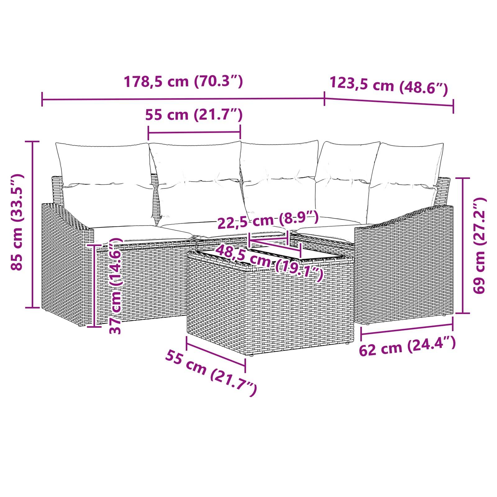 vidaXL Gartensofa-set mit Kissen 5 pcs Grau und Marineblau Poly-Rattan