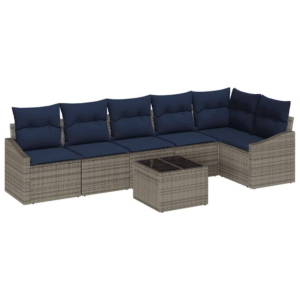 vidaXL Gartensofa-set mit Kissen 7 pcs Grau und Marineblau Poly-Rattan