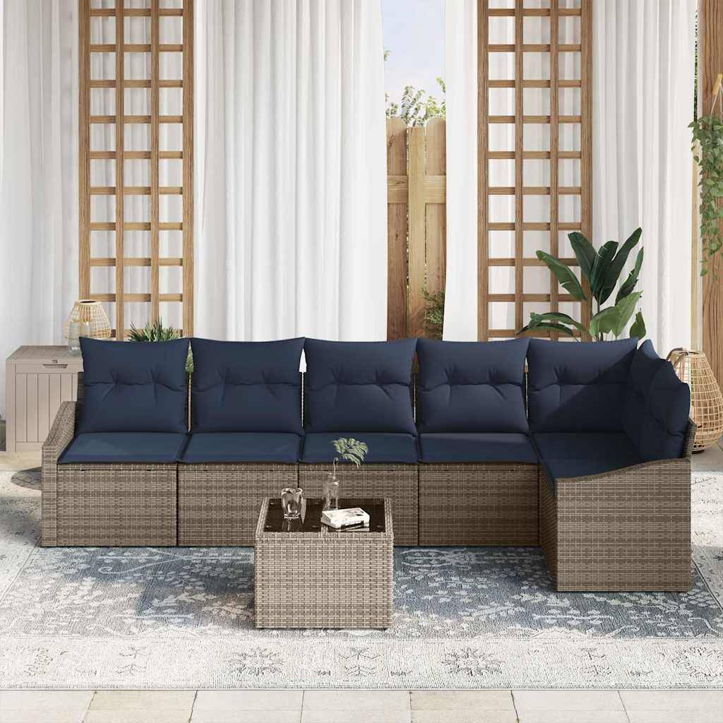 vidaXL Gartensofa-set mit Kissen 7 pcs Grau und Marineblau Poly-Rattan