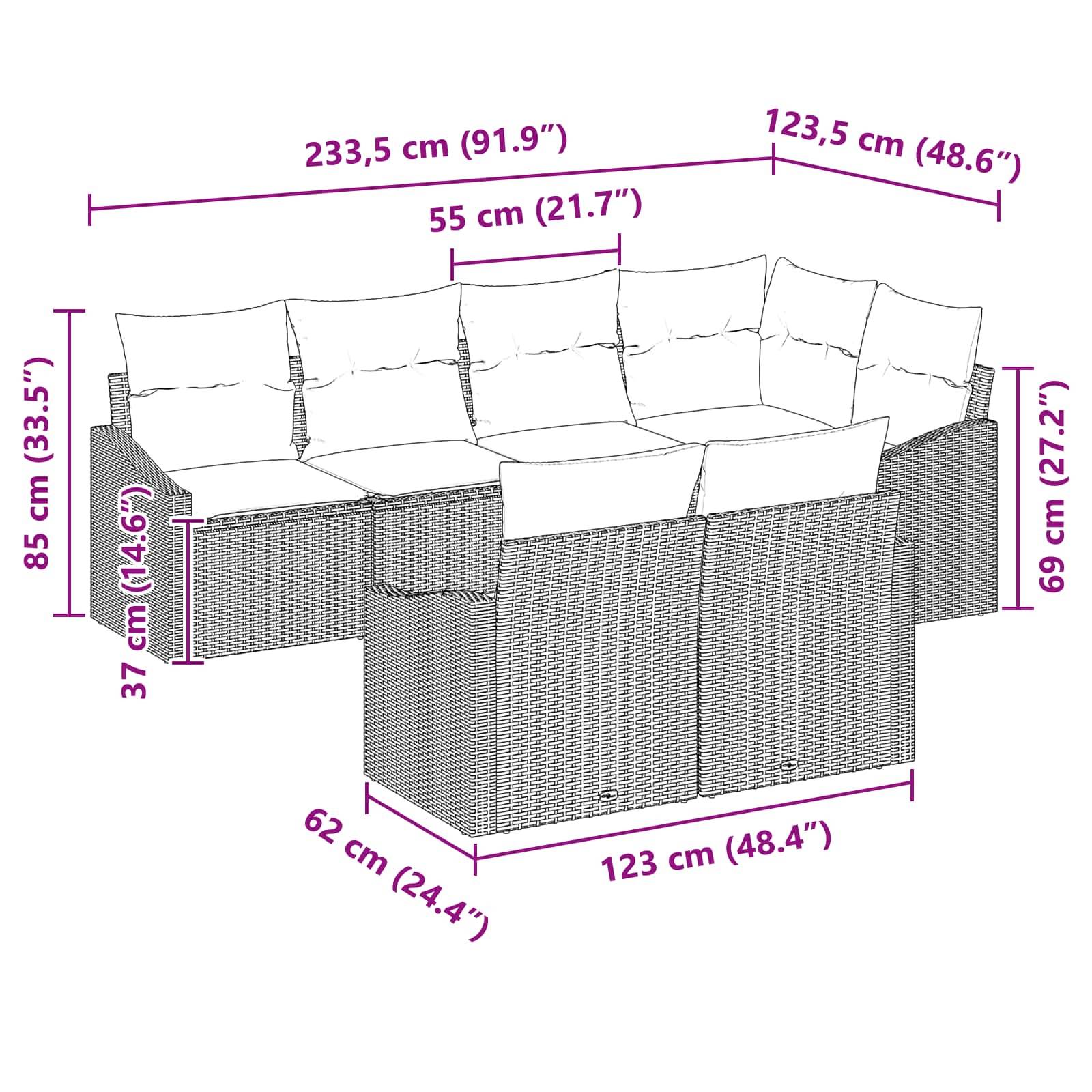 vidaXL Sofa Set mit Kissen 7 pcs Schwarz Poly-Rattan
