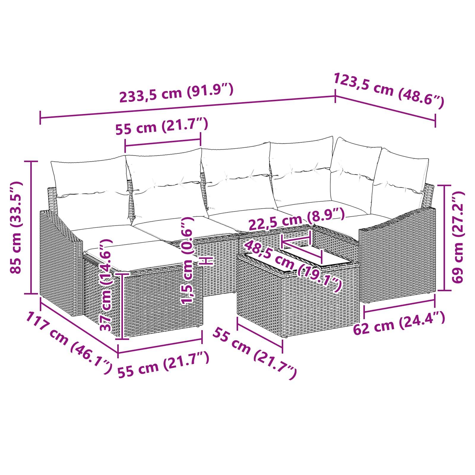 vidaXL Sofa Set 7 Stk. Braun [Synthetisch]: Poly Rattan