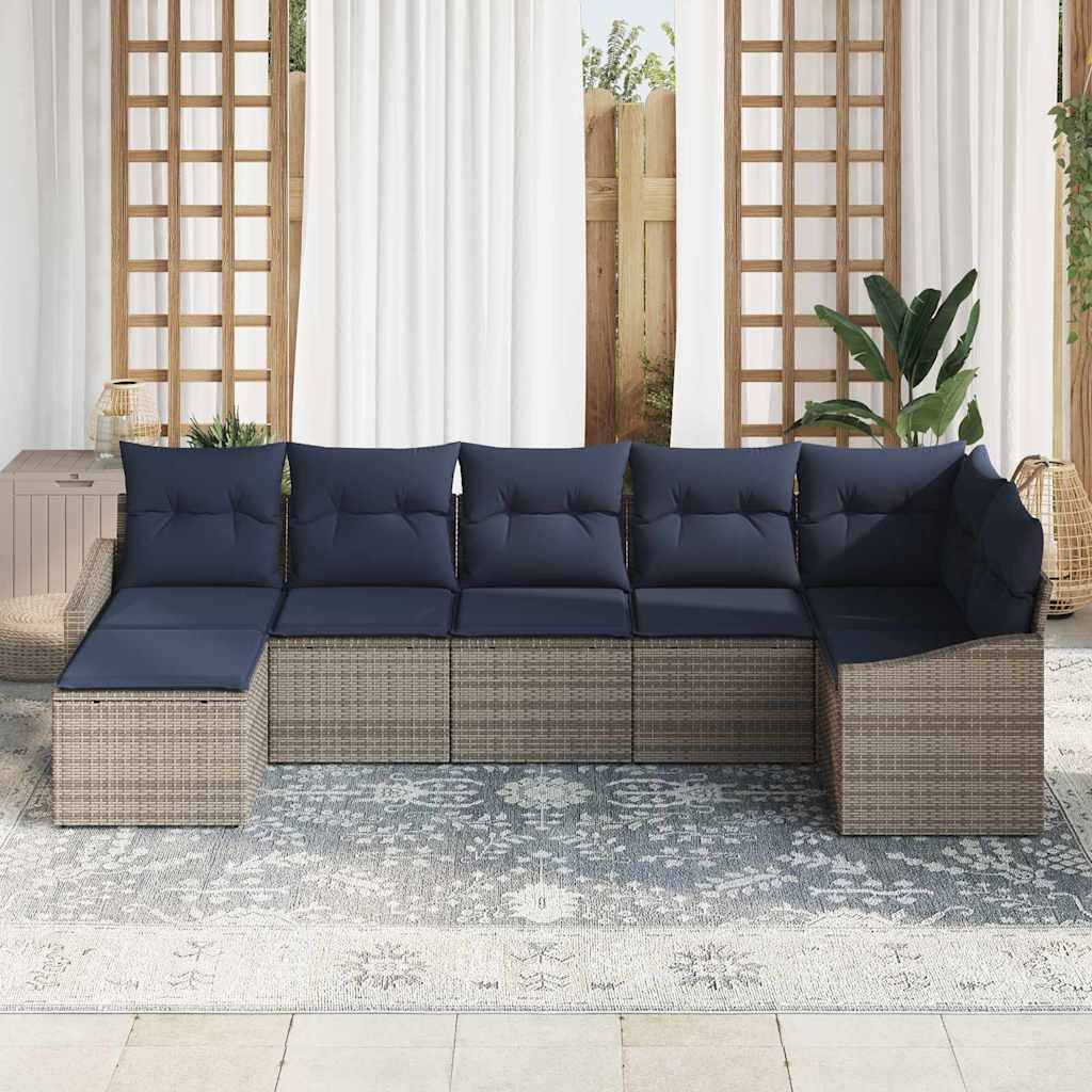 vidaXL Garten-Sofa-Set 7 pcs Grau und Marineblau Poly-Rattan