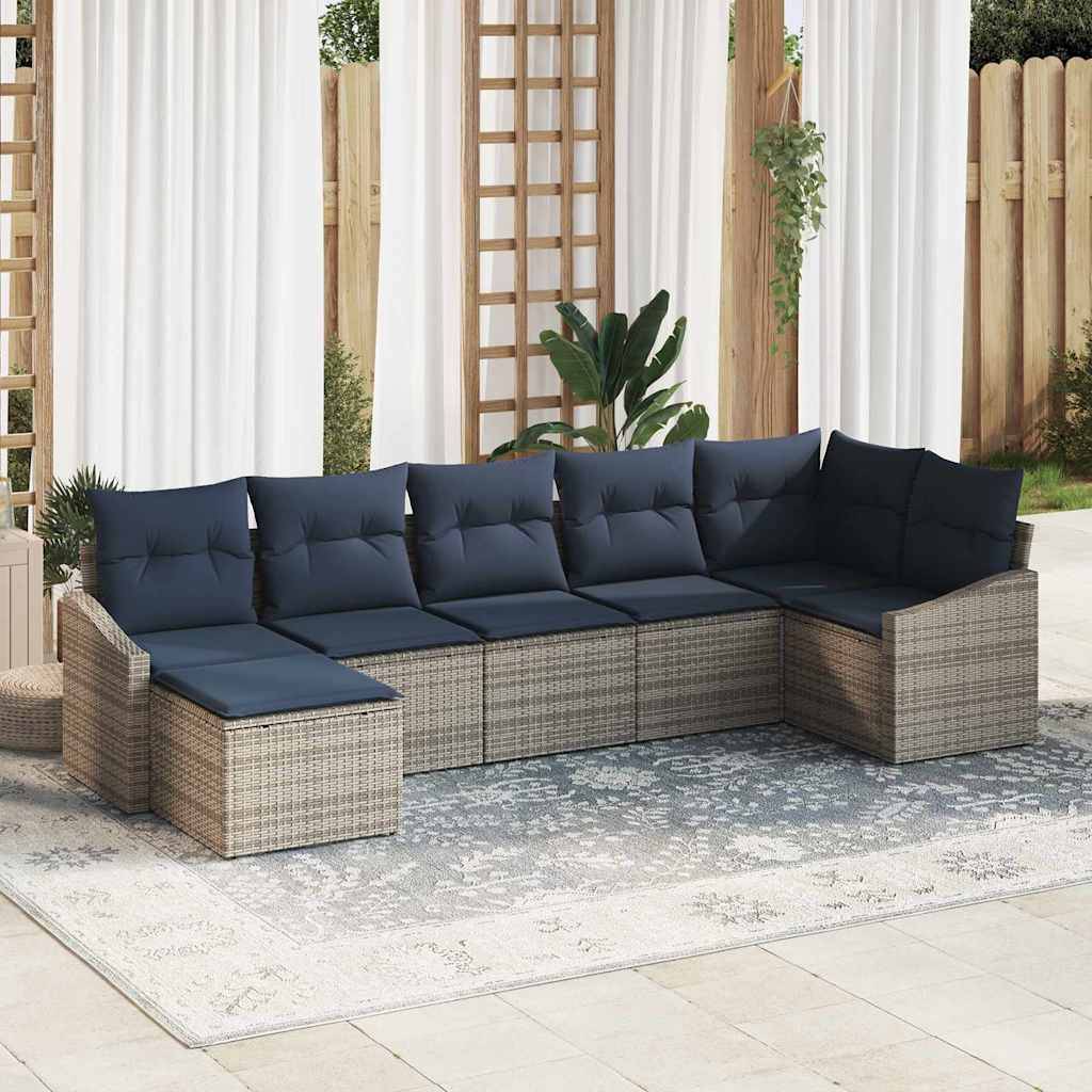 vidaXL Garten-Sofa-Set 7 pcs Grau und Marineblau Poly-Rattan