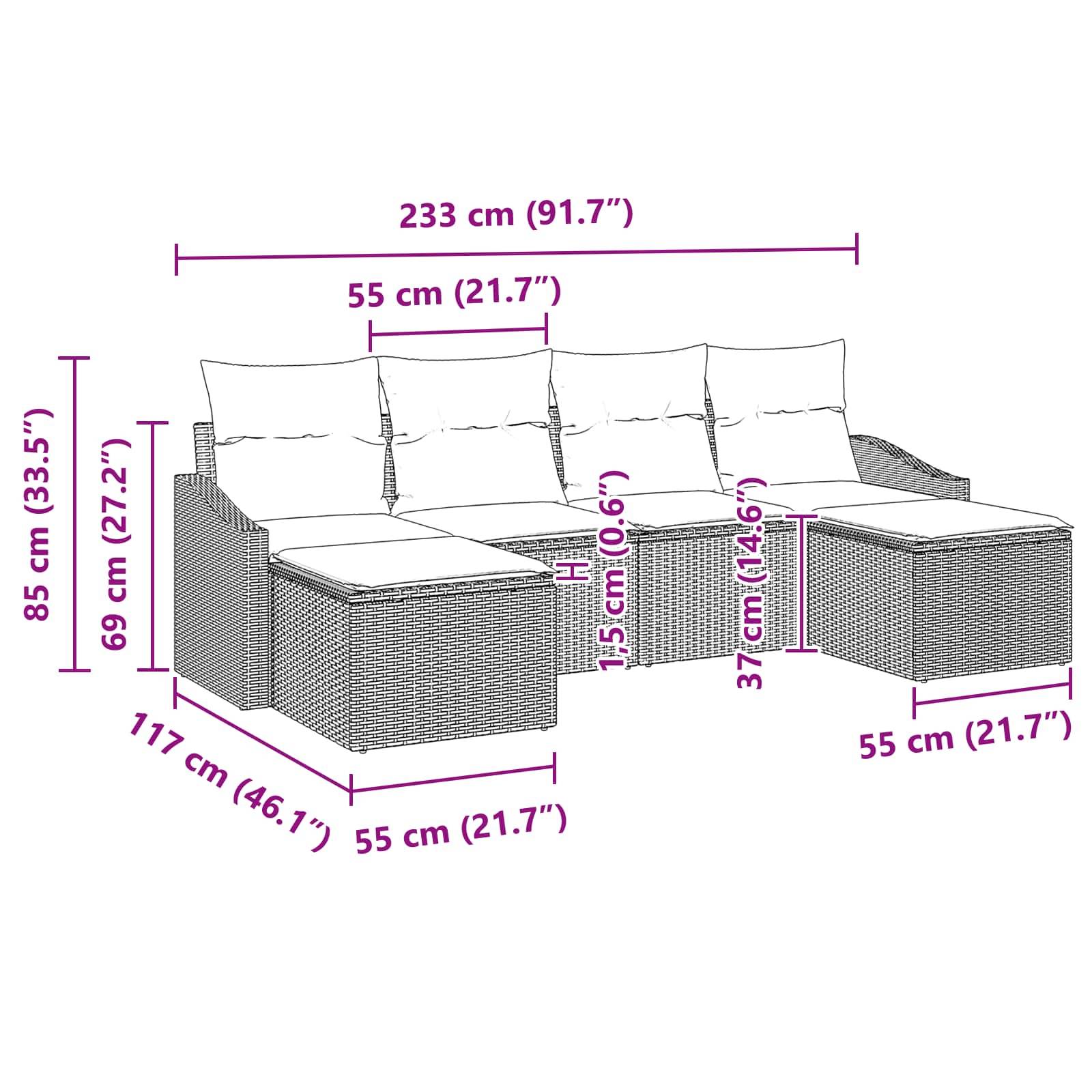 vidaXL Sofa Set mit Kissen 6 pcs Schwarz Poly-Rattan