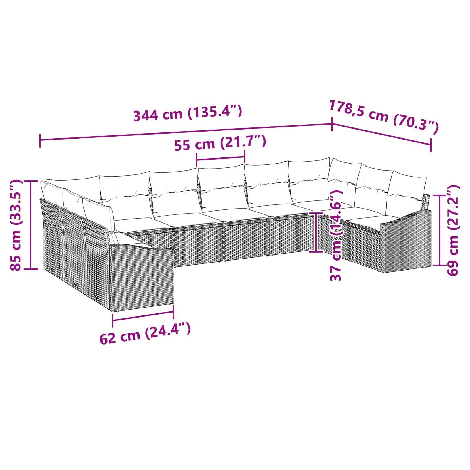 vidaXL Sofa Set mit Kissen 10 pcs Schwarz Poly-Rattan