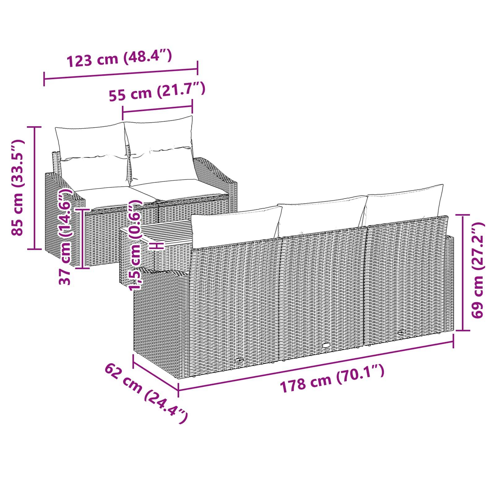 vidaXL Gartensofa-set mit Kissen 6 pcs Schwarz Poly-Rattan