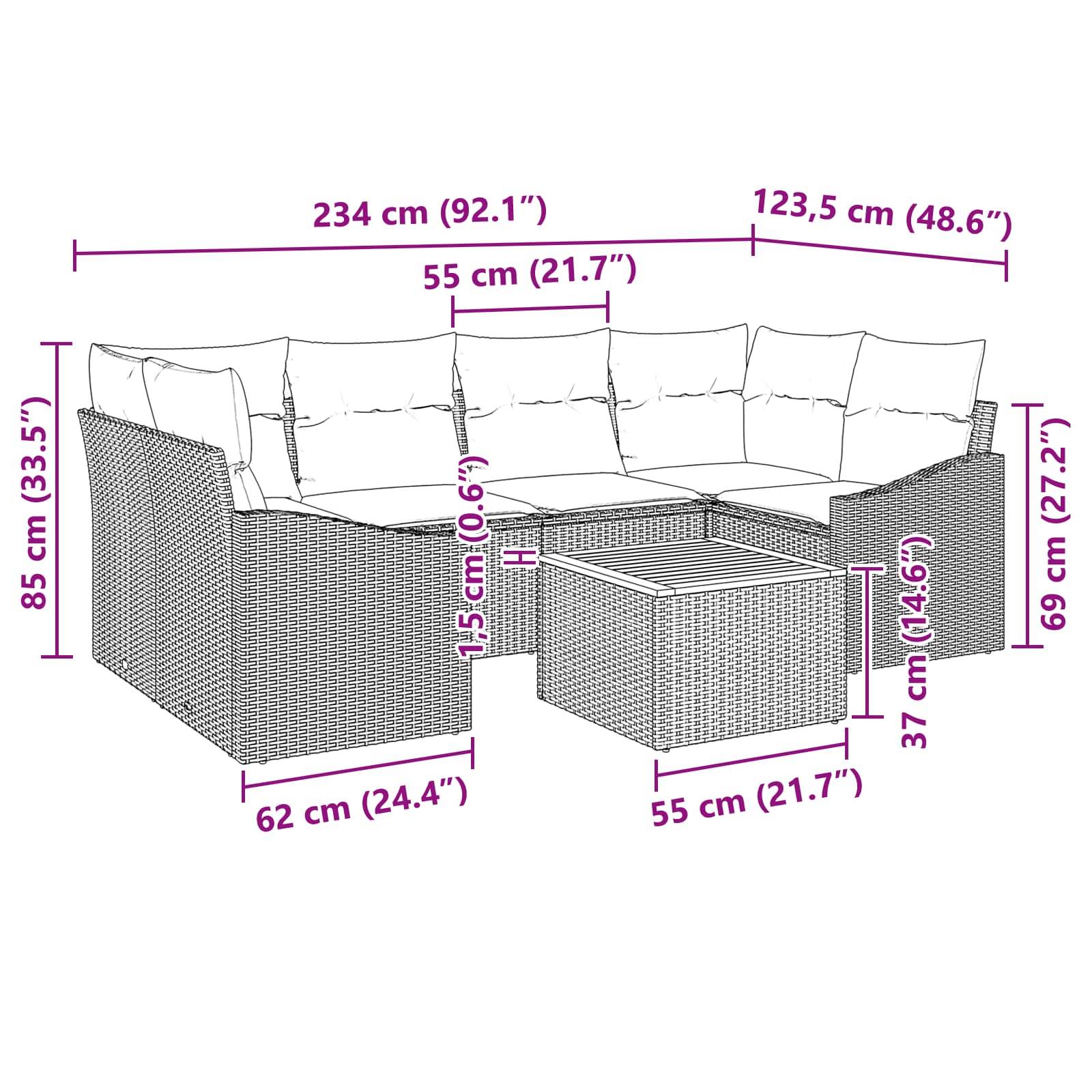 vidaXL Gartensofa-set mit Kissen 7 pcs Schwarz Poly-Rattan