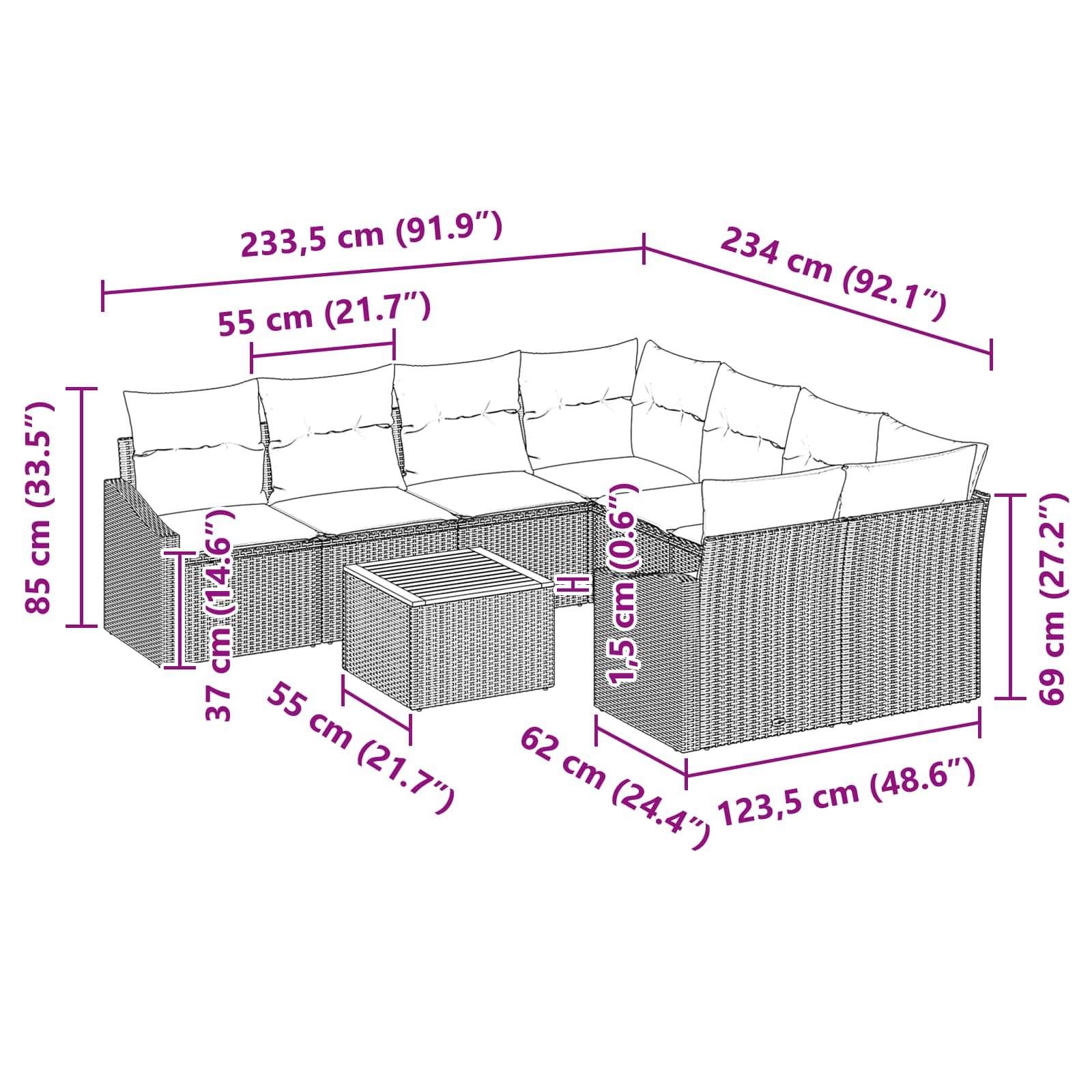 vidaXL Gartensofa-set mit Kissen 9 pcs Schwarz Poly-Rattan