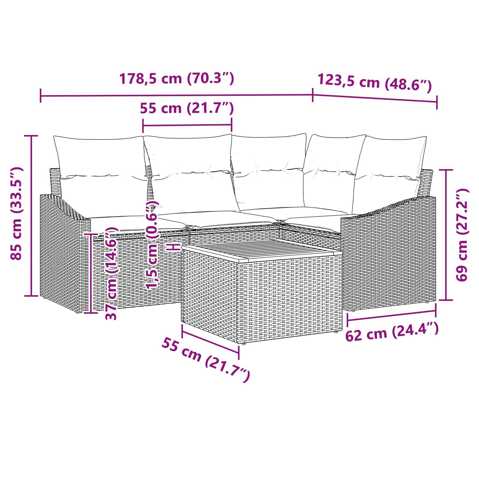 vidaXL Gartensofa-set mit Kissen 5 pcs Schwarz Poly-Rattan