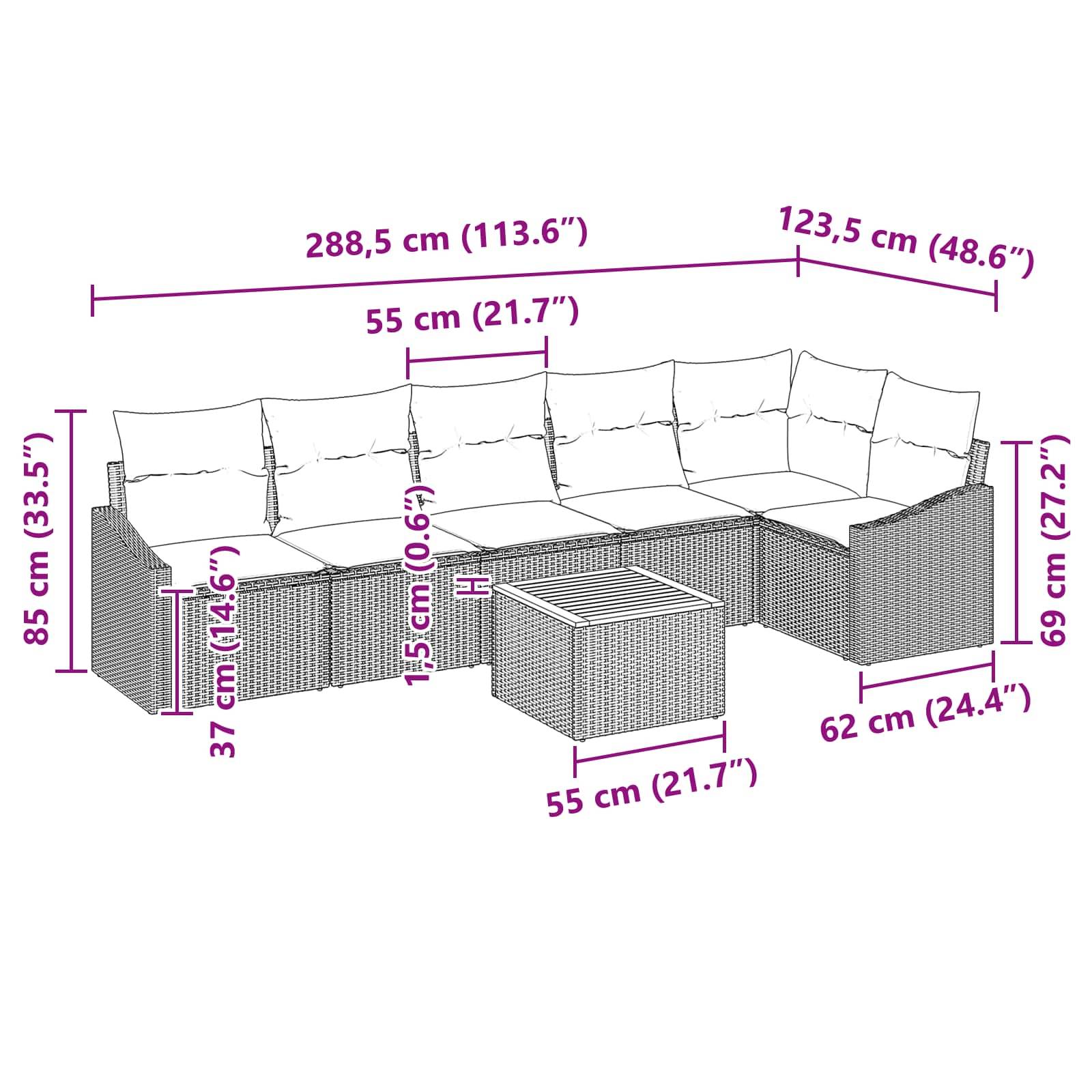 vidaXL Gartensofa-set mit Kissen 7 pcs Schwarz Poly-Rattan