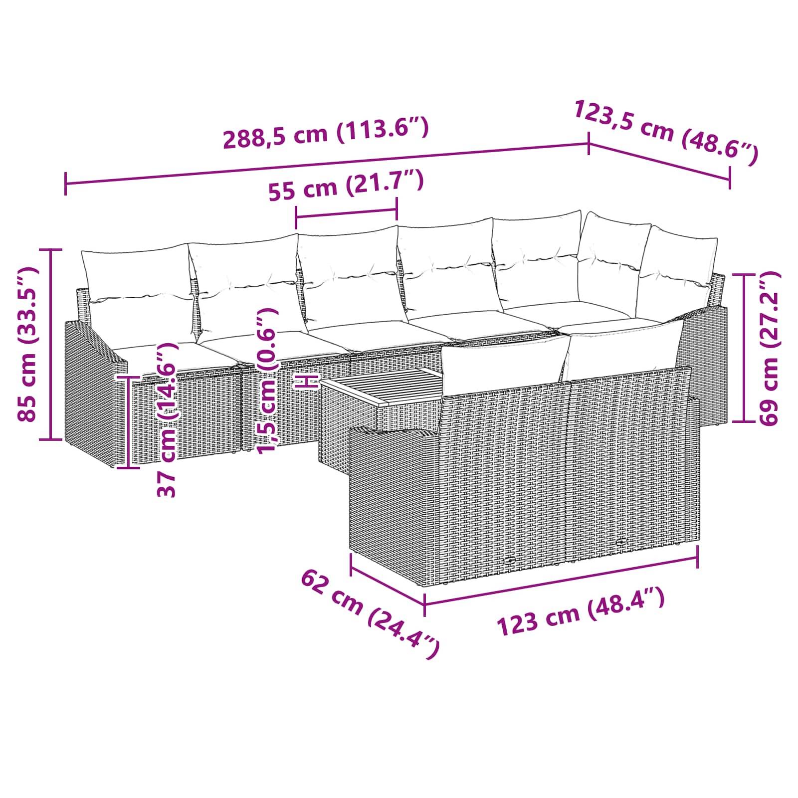 vidaXL Gartensofa-set mit Kissen 9 pcs Schwarz Poly-Rattan