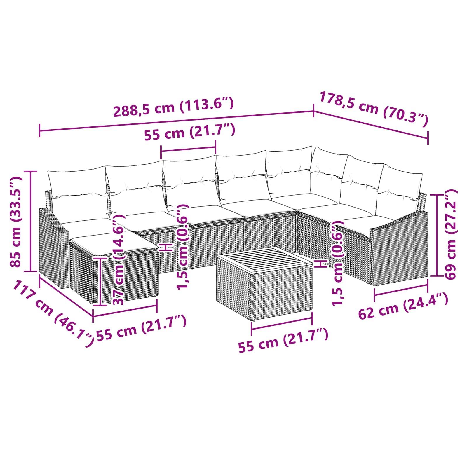 vidaXL Gartensofa-set mit Kissen 9 pcs Schwarz Poly-Rattan