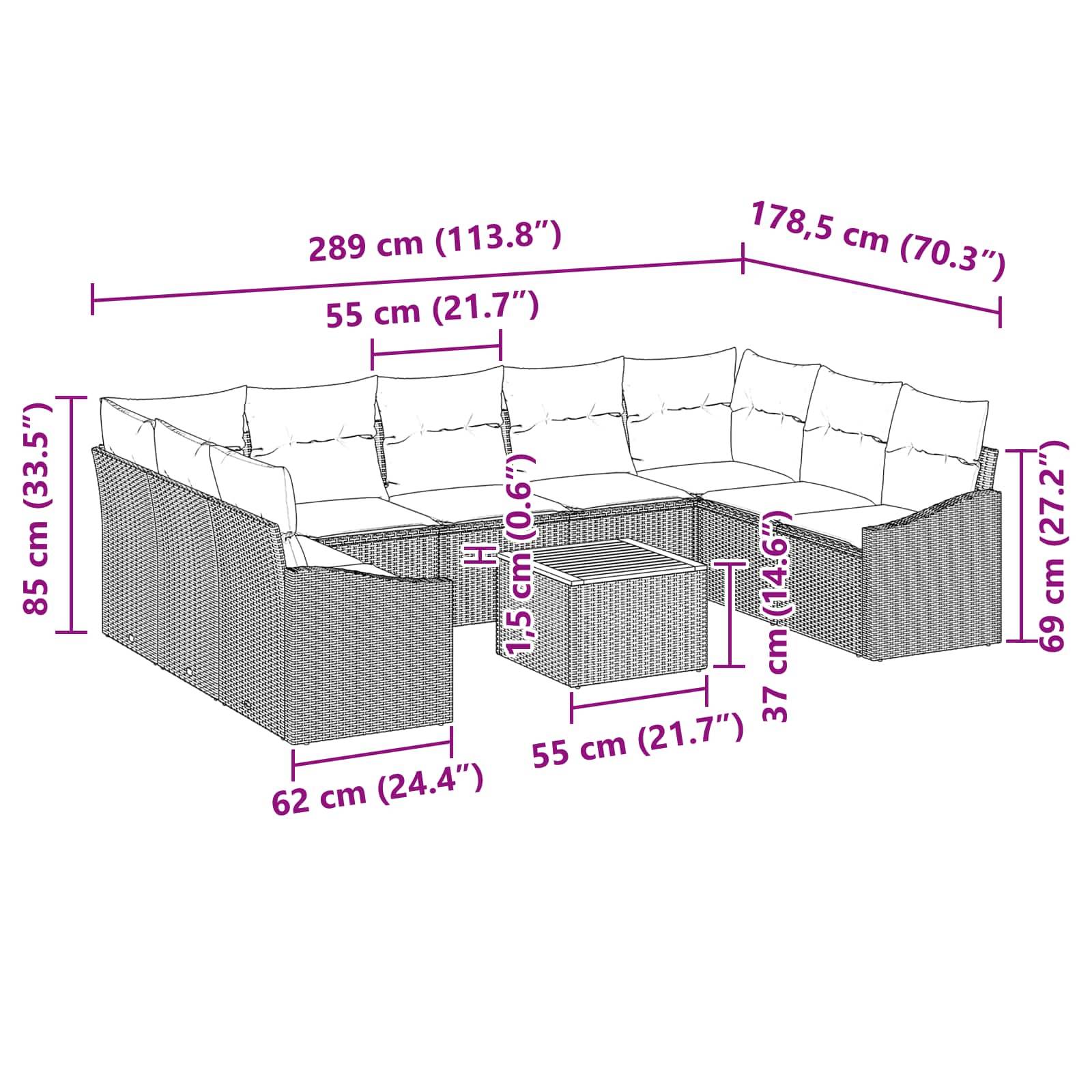 vidaXL Gartensofa-set mit Kissen 10 pcs Schwarz Poly-Rattan