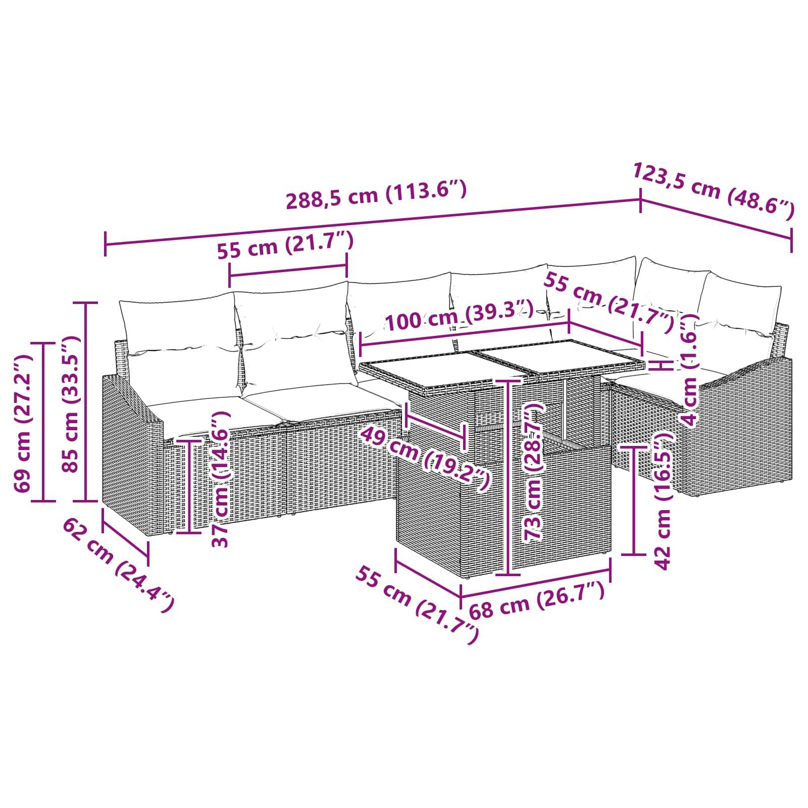 vidaXL Garten-Sofa-Set mit Kissen mit Kissen 7 pcs Grau und Marineblau