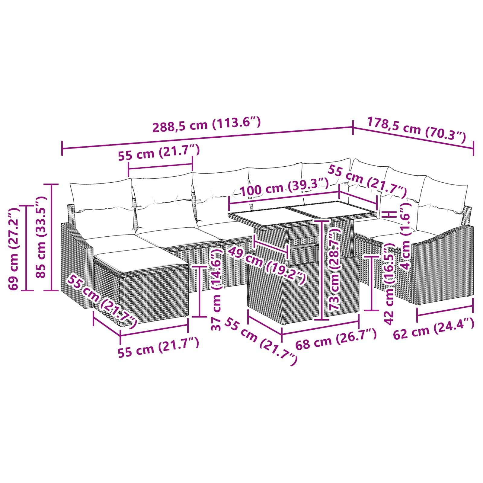 vidaXL Sofa Set mit Kissen 9 pcs Schwarz und Blau Poly-Rattan