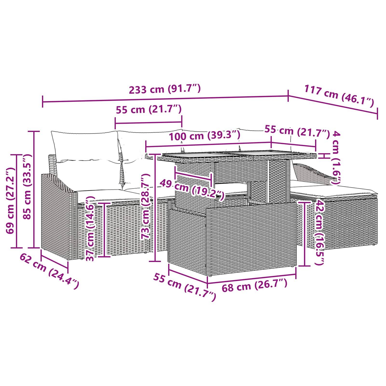 vidaXL Garten-Sofa-Set mit Speicher 6 pcs Grau Poly Rattan