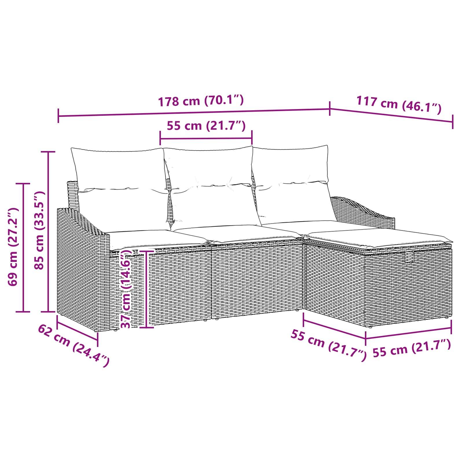 vidaXL Sofa Set 4 Stk. Braun Poly Rattan