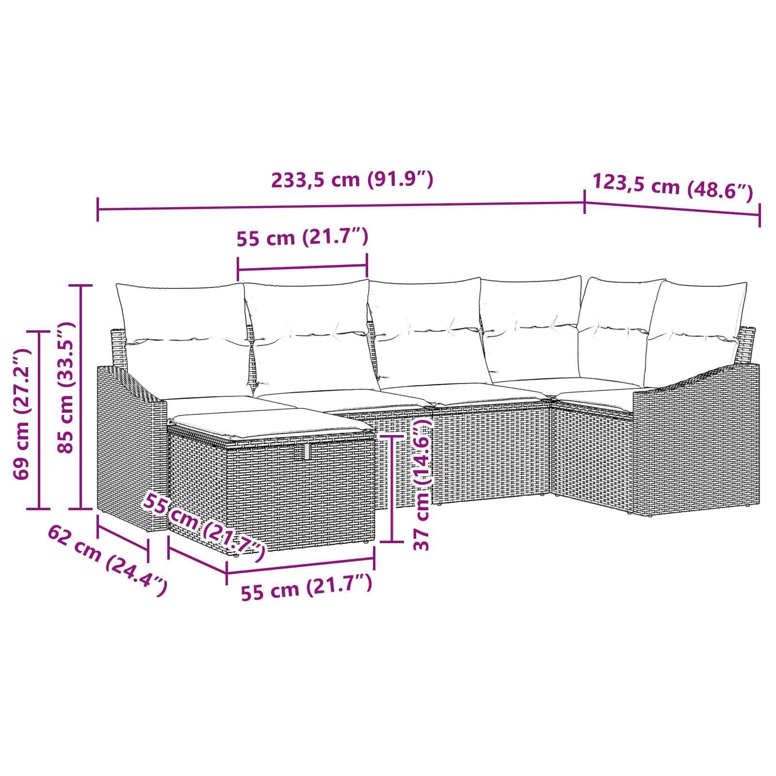 vidaXL Sofa Set mit Kissen mit Speicher 6 pcs Schwarz Poly-Rattan