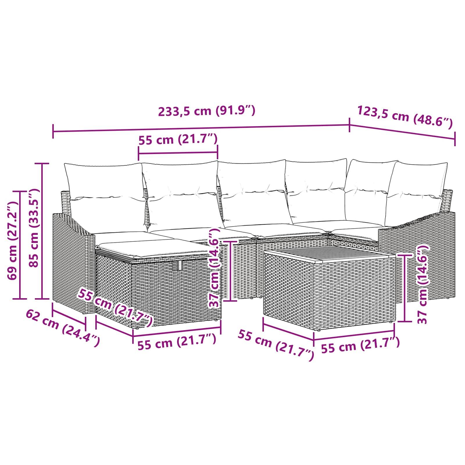 vidaXL Gartensofa-set mit Kissen 7 pcs Schwarz Poly-Rattan