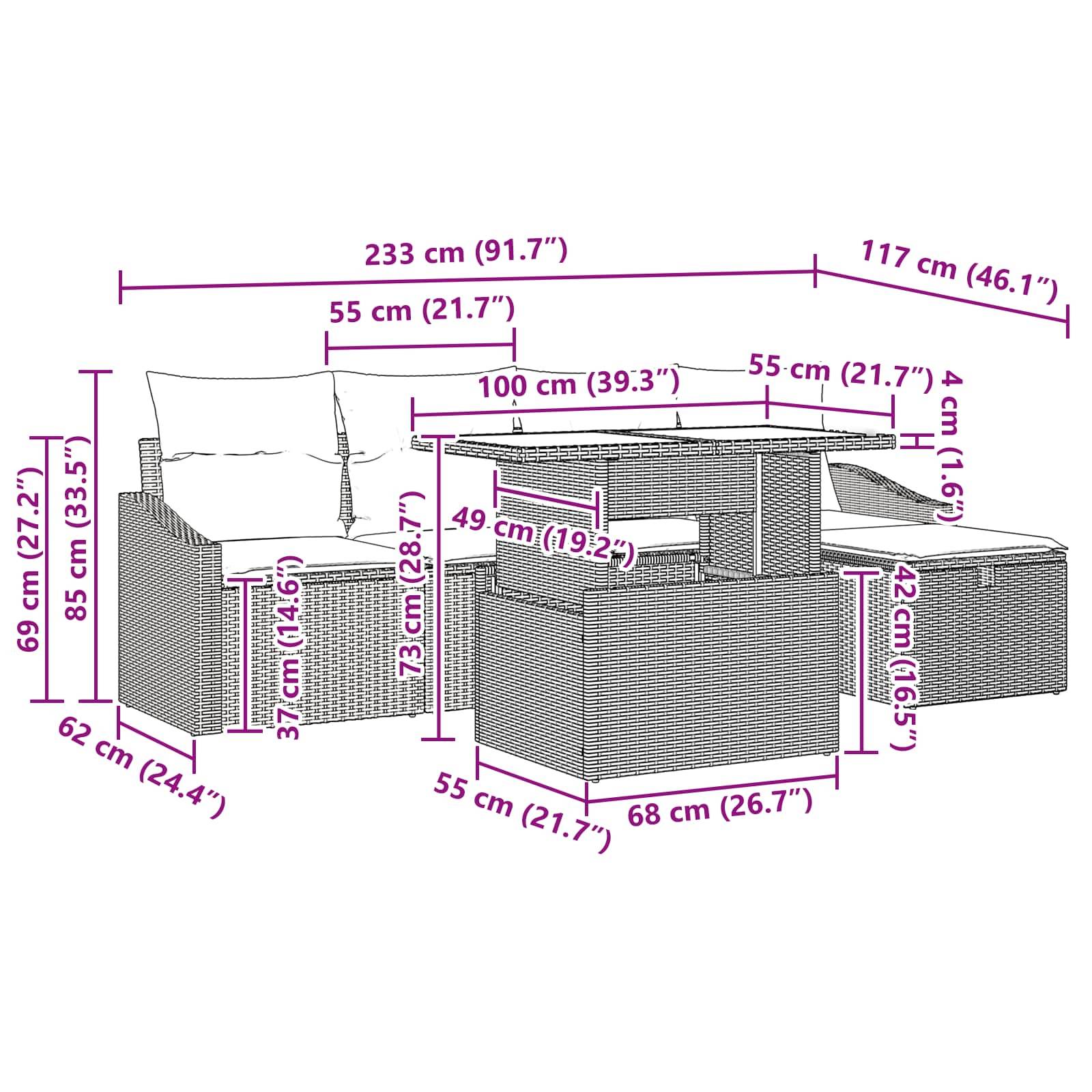 vidaXL Garten-Sofa-Set mit Kissen 6 pcs Schwarz Poly Rattan