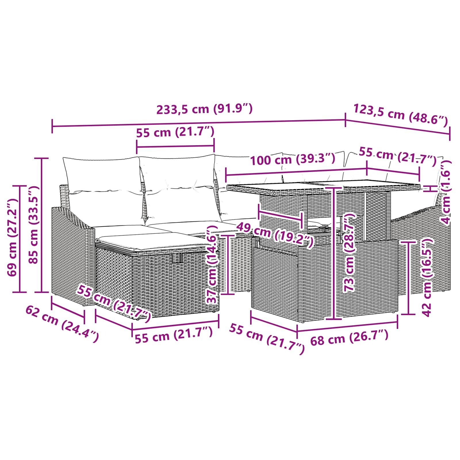 vidaXL Garten-Sofa-Set mit Kissen 7 pcs Schwarz Poly Rattan