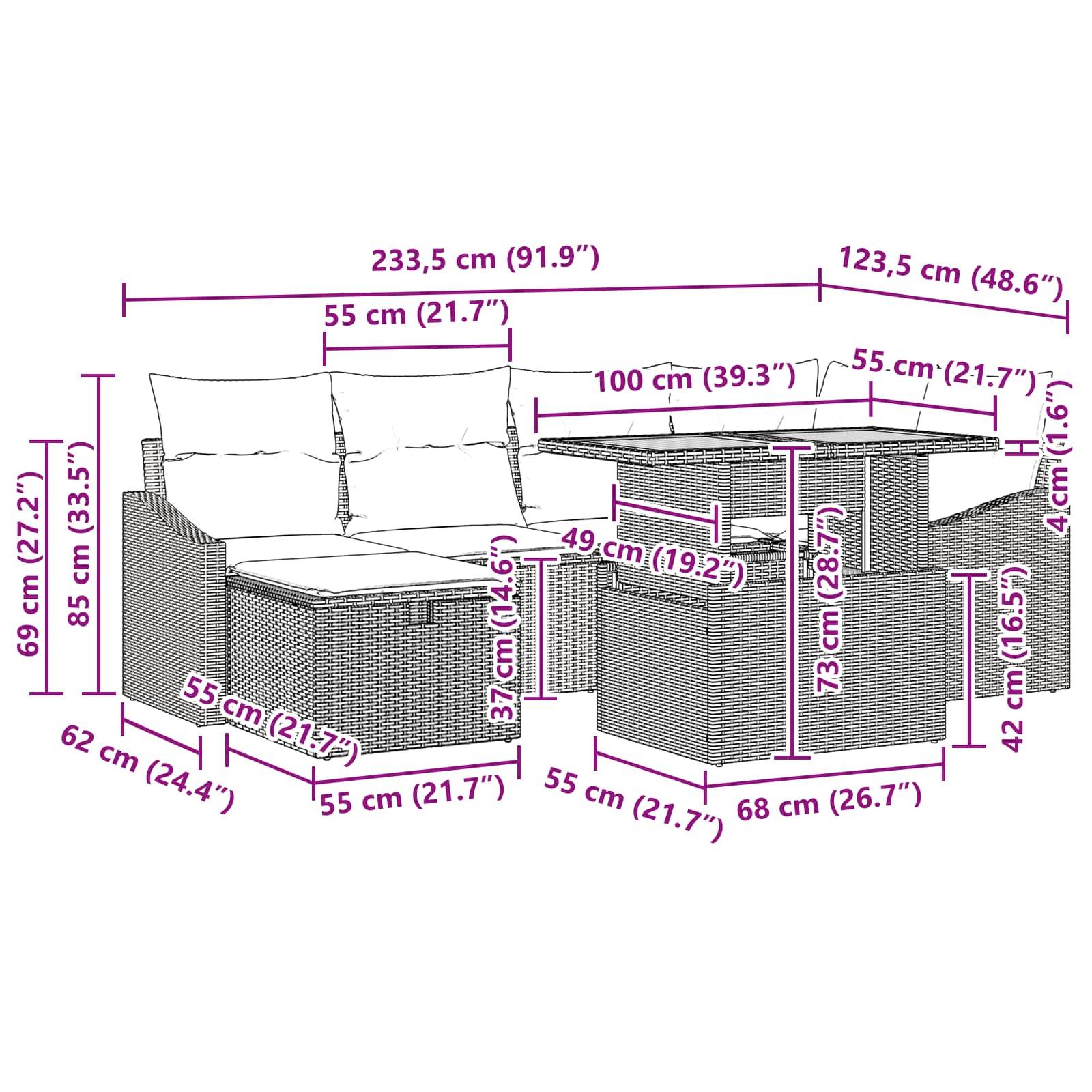 vidaXL Gartensofa-set mit Kissen 7 pcs Schwarz Poly-Rattan