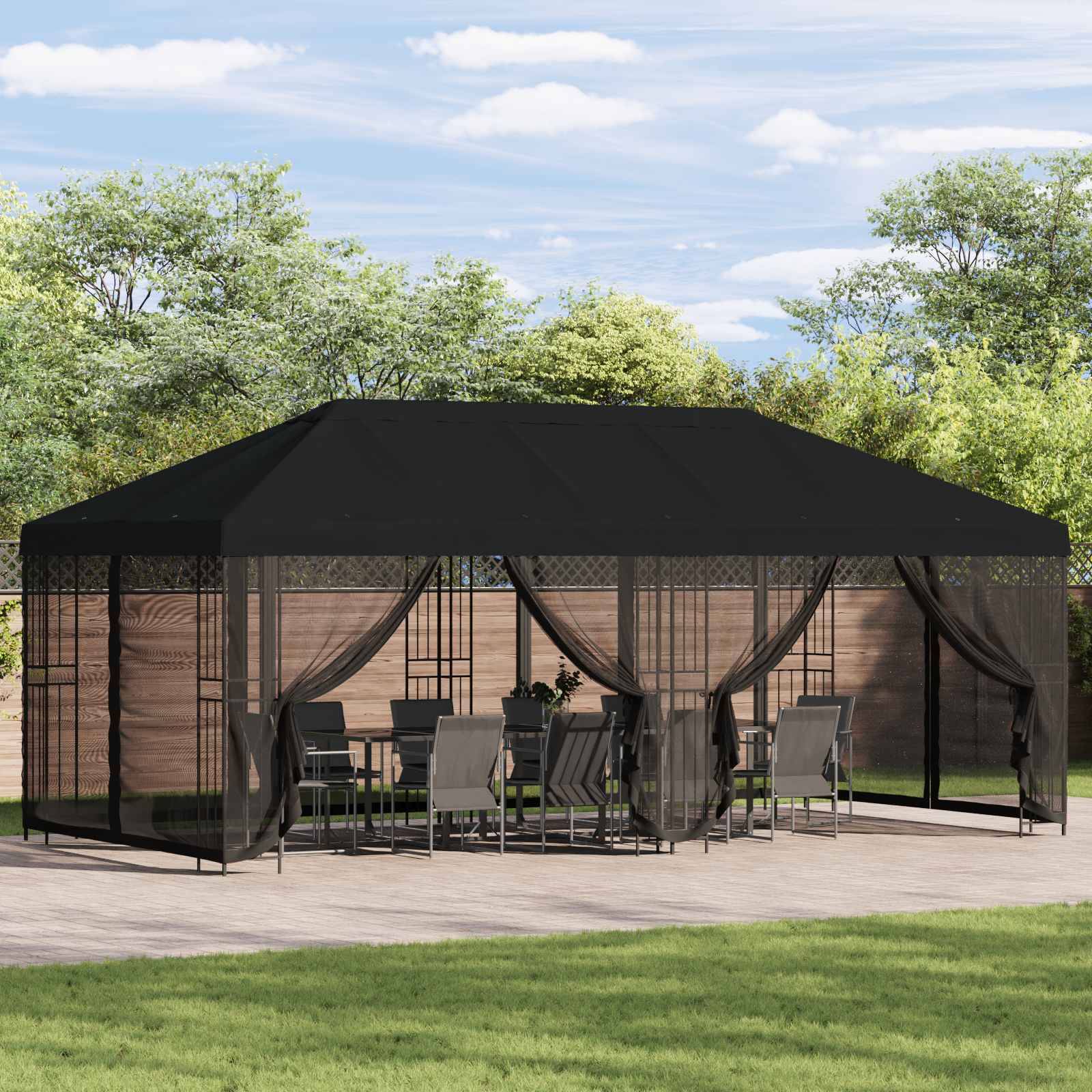 vidaXL Pavillon mit Seitenwänden 6 x 3 m Schwarz Polyester und Stahl