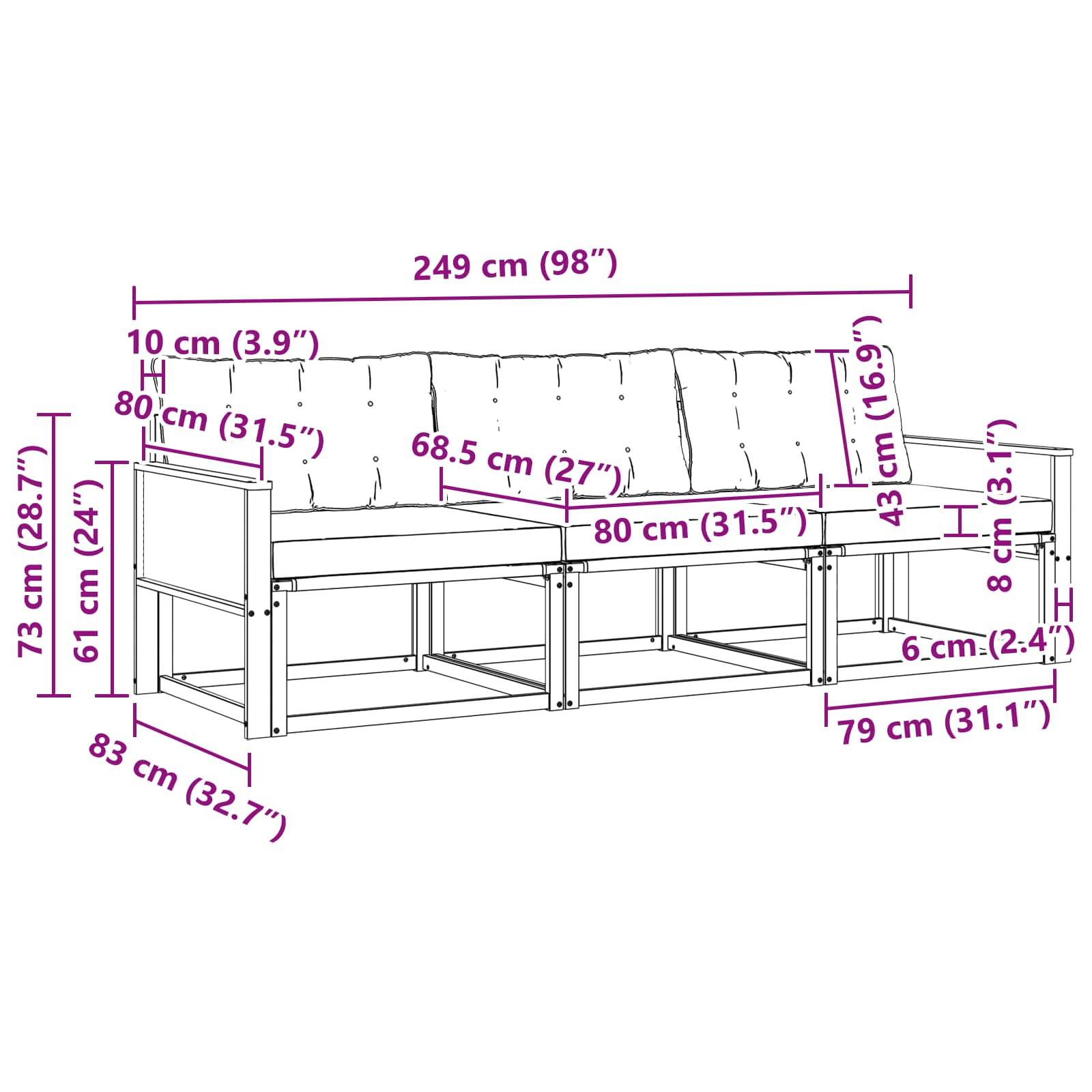 vidaXL Outdoor-Sofagarnitur mit Kissen 3 pcs Natur und Creme