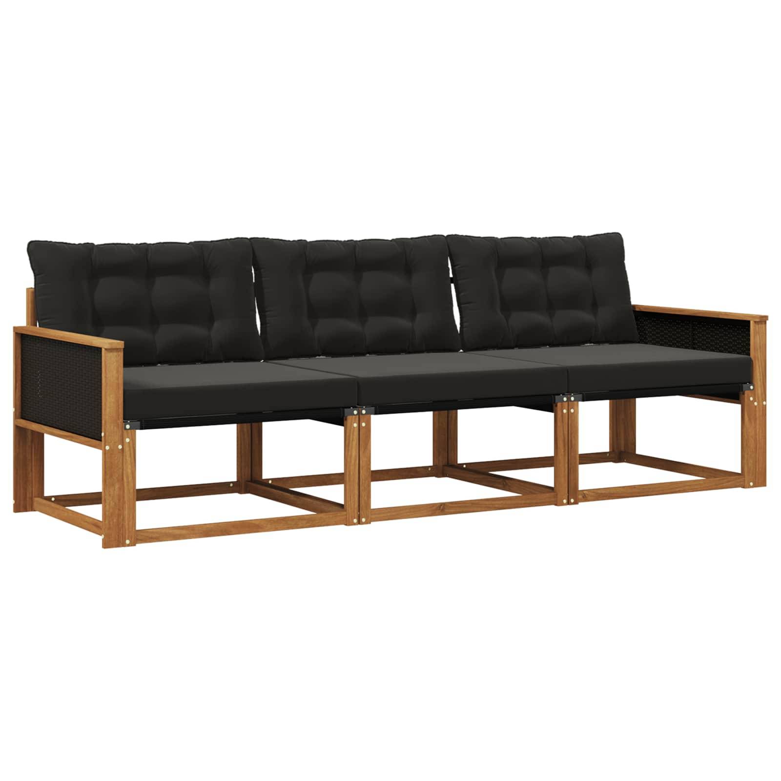 vidaXL Outdoor-Sofagarnitur mit Kissen 3 pcs Natürlich und Schwarz