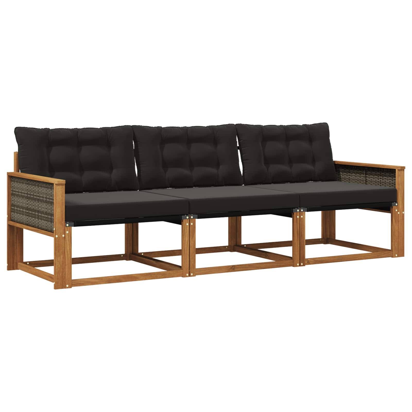 vidaXL Outdoor-Sofagarnitur mit Kissen 3 pcs Natürlich und Schwarz