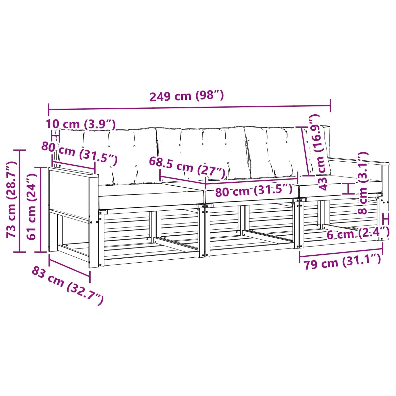 vidaXL Outdoor-Sofagarnitur mit Kissen 3 pcs Natur und Creme
