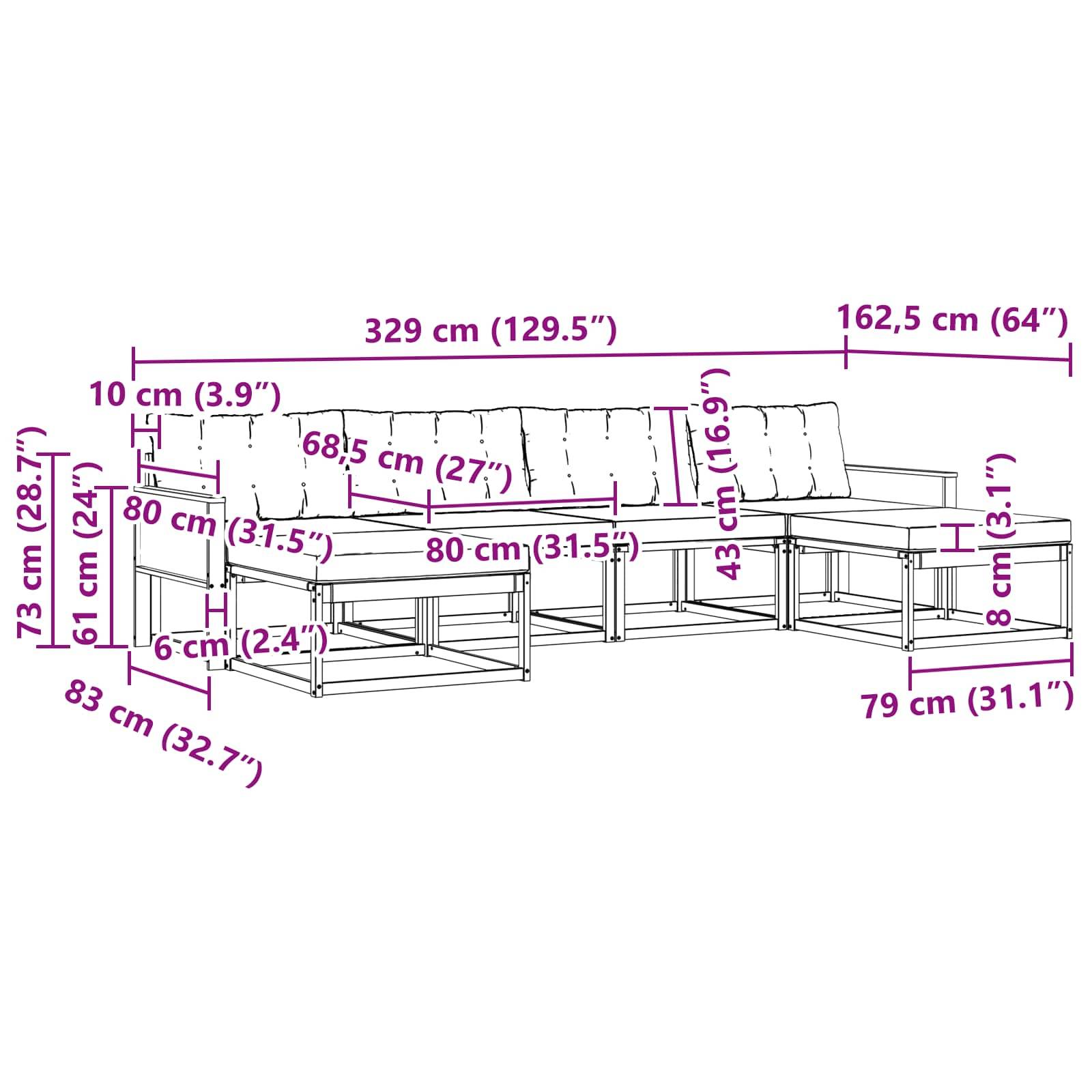 vidaXL Outdoor-Sofagarnitur mit Kissen 6 pcs Natürlich und Schwarz