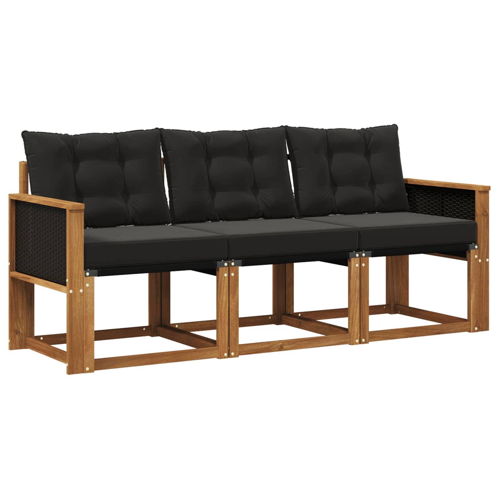 vidaXL Outdoor-Sofagarnitur mit Kissen 3 pcs Natürlich und Schwarz