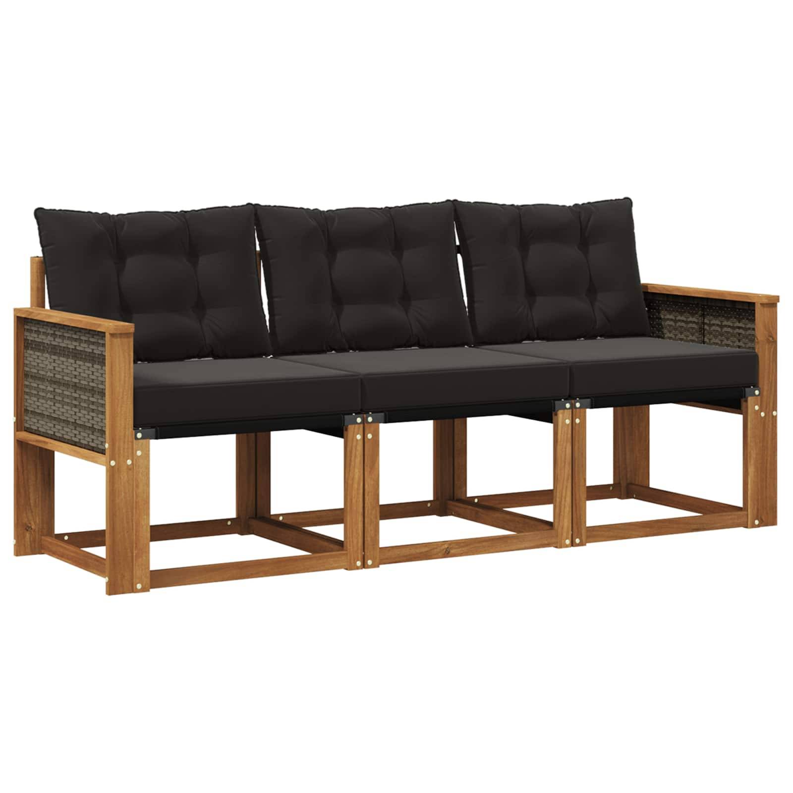vidaXL Outdoor-Sofagarnitur mit Kissen 3 pcs Natürlich und Schwarz