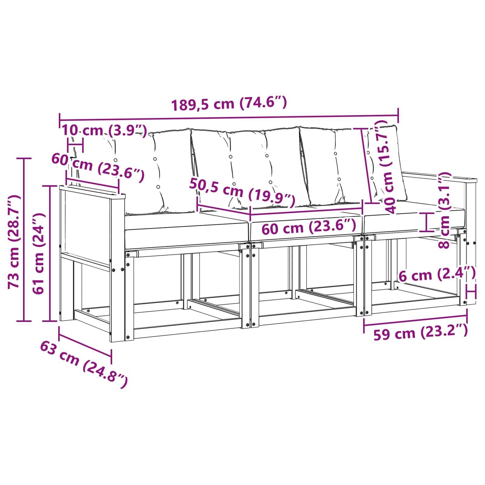 vidaXL Outdoor-Sofagarnitur mit Kissen 3 pcs Natürlich und Schwarz