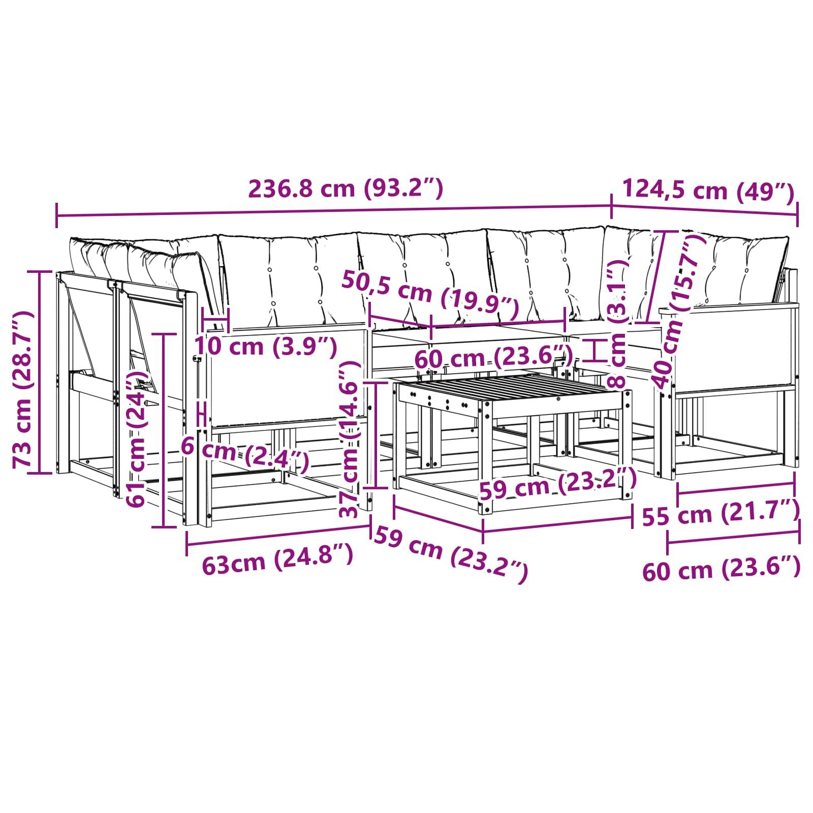 vidaXL Outdoor-Sofagarnitur mit Kissen 7 pcs Natur und Creme