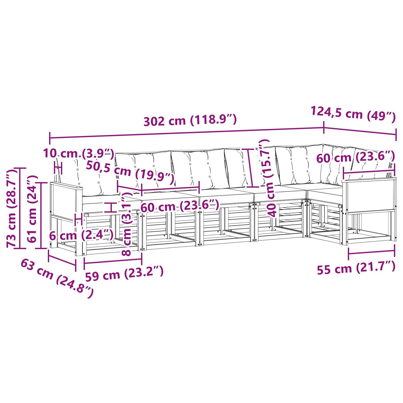 vidaXL Outdoor-Sofagarnitur mit Kissen 6 pcs Natürlich und Schwarz