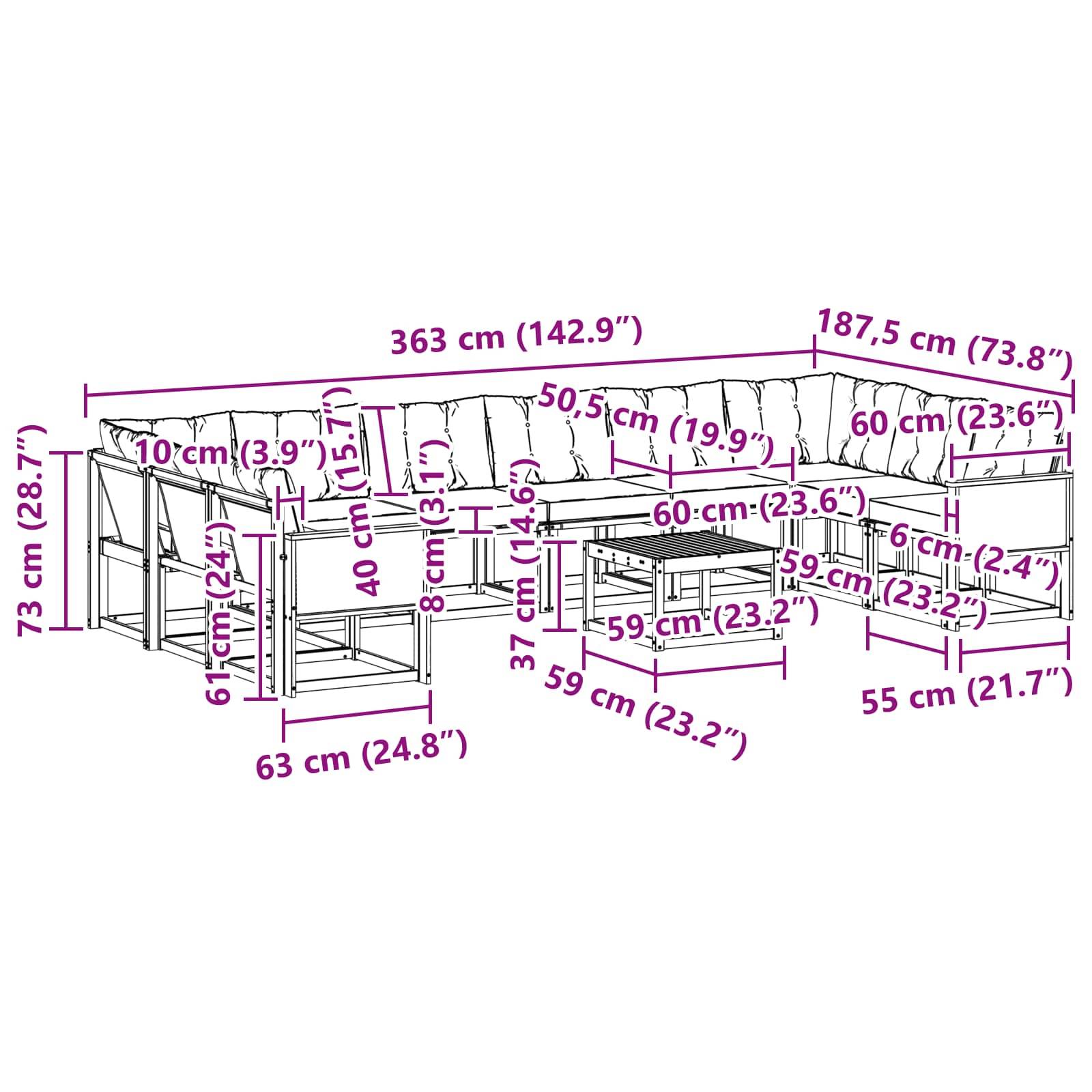 vidaXL Outdoor-Sofagarnitur mit Kissen 11 pcs Natur und Beige