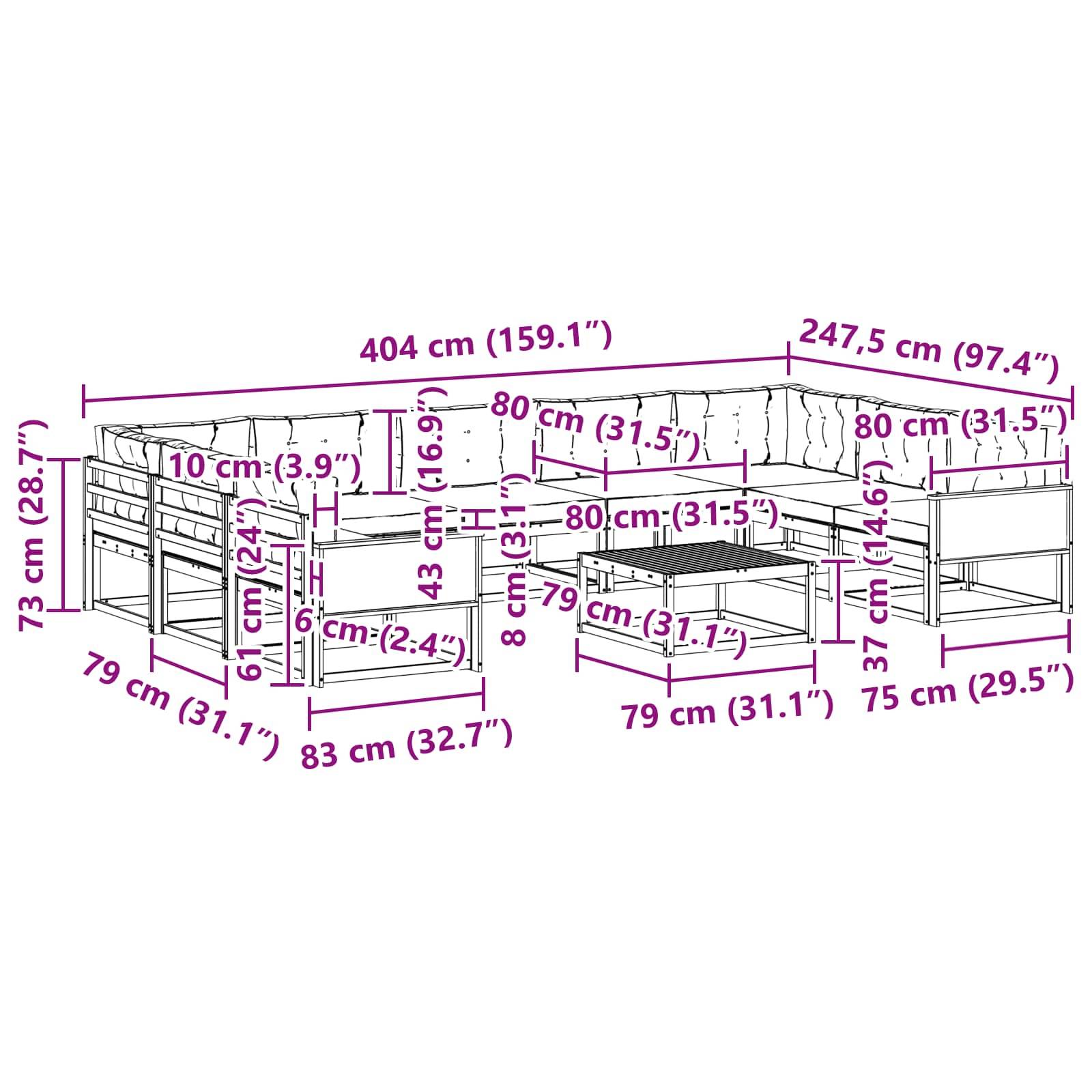 vidaXL Outdoor-Sofagarnitur mit Kissen 10 pcs Natur und Creme