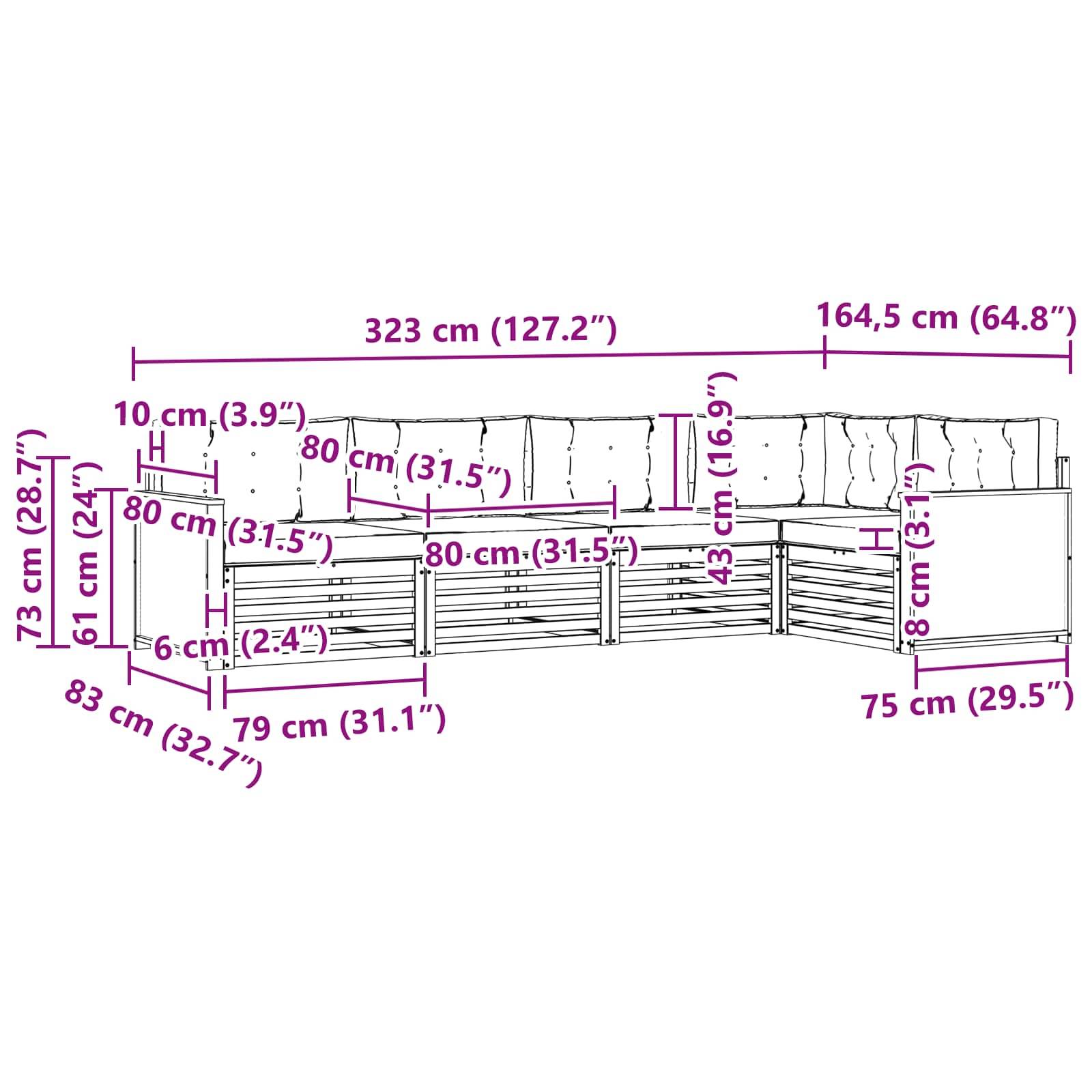 vidaXL Outdoor-Sofagarnitur 5 pcs Natur und Beige 323 x 164,5 x 73 cm