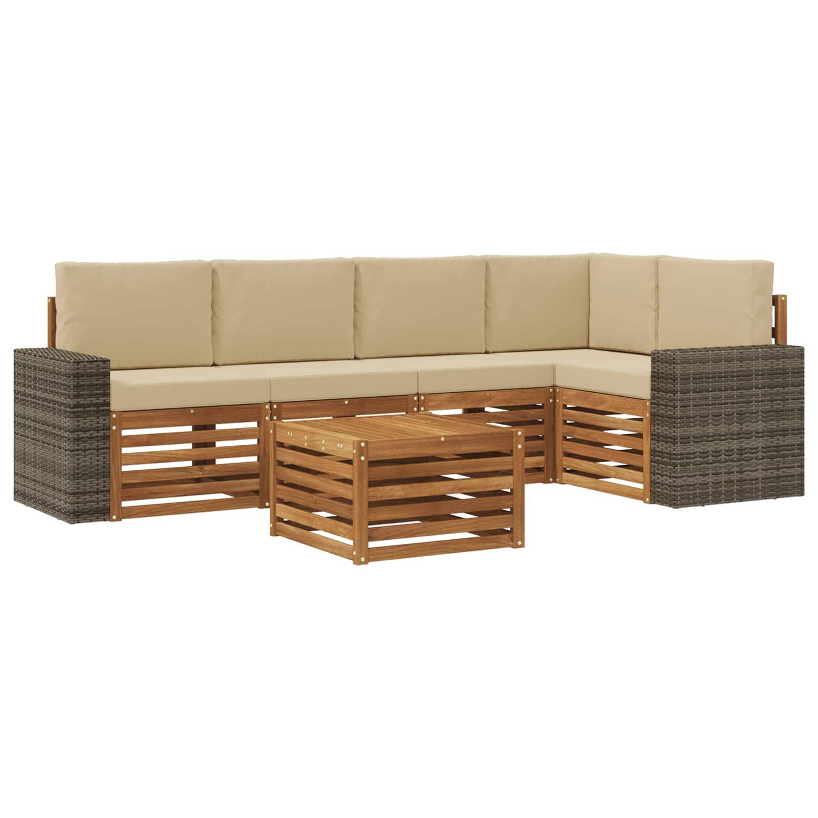 vidaXL Ecksofa Set mit Kissen 6 pcs Natur und Beige Massivholz Akazie