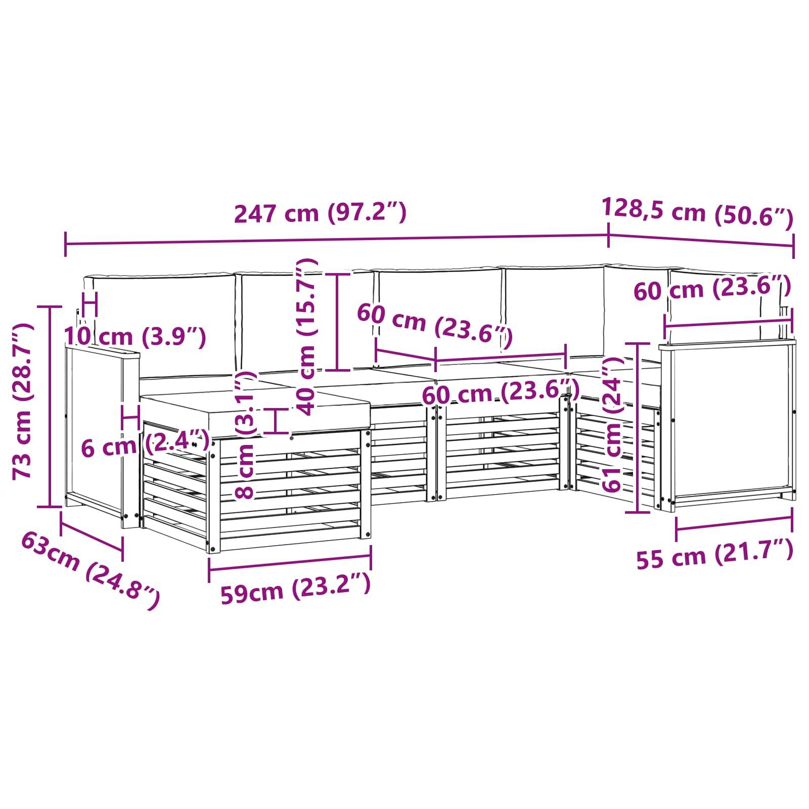 vidaXL Ecksofa Set 5 pcs Natur Massives Akazienholz und Polyester